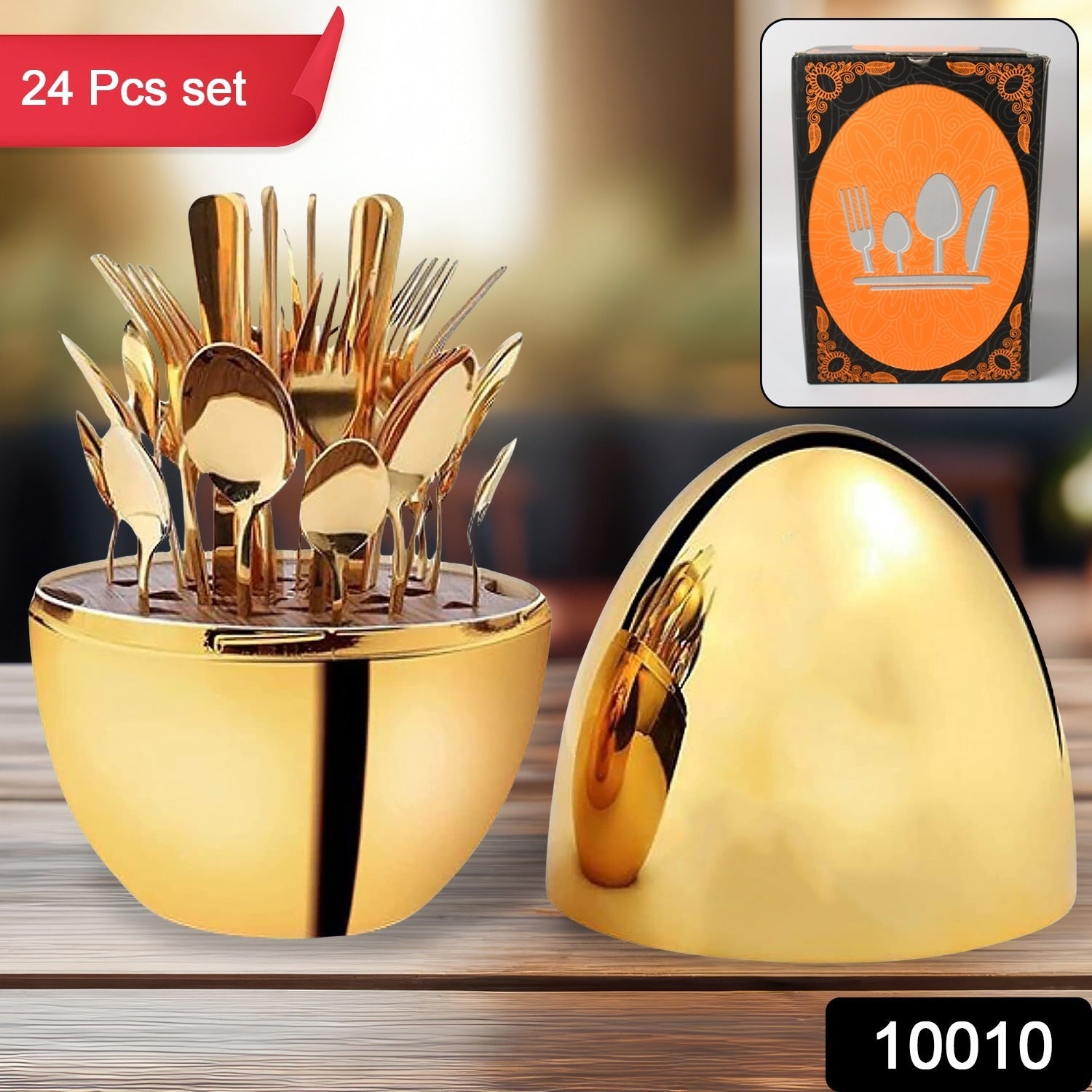 Premium Cutlery Set 24 Pcs with Oval Shaped Stand | Beautiful Stylish Oval Designed Cutlery Sets, Egg-Shaped Luxury Spoon Holder Set (Golden / 24 pcs set) Premium Cutlery Set 24 Pcs with Oval Shaped Stand | Beautiful Stylish Oval Designed Cutlery Sets, Egg-Shaped Luxury Spoon Holder Set (Golden / 24 pcs set)